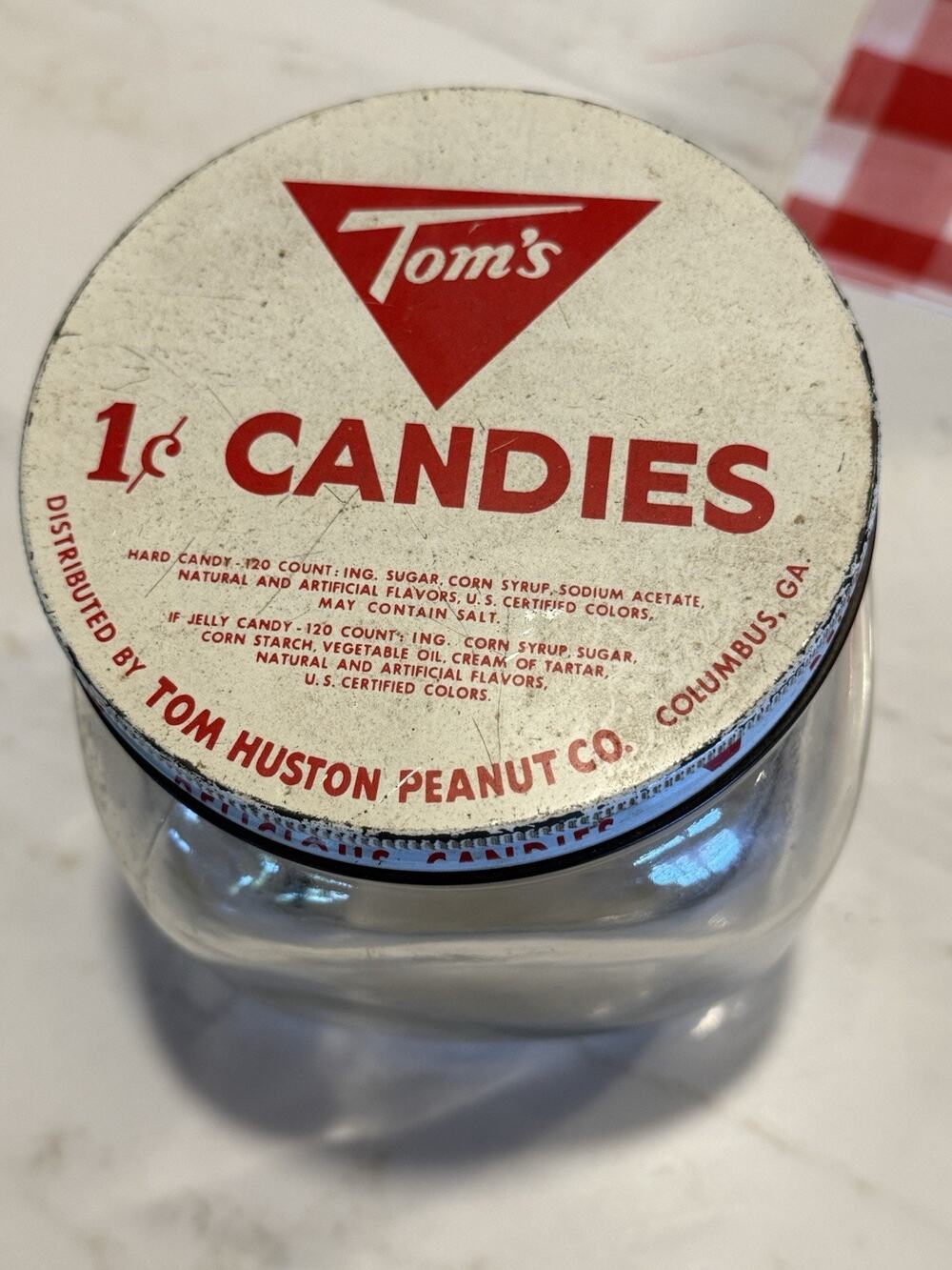 Tom’s Candies 1 cent Glass Jar Lid